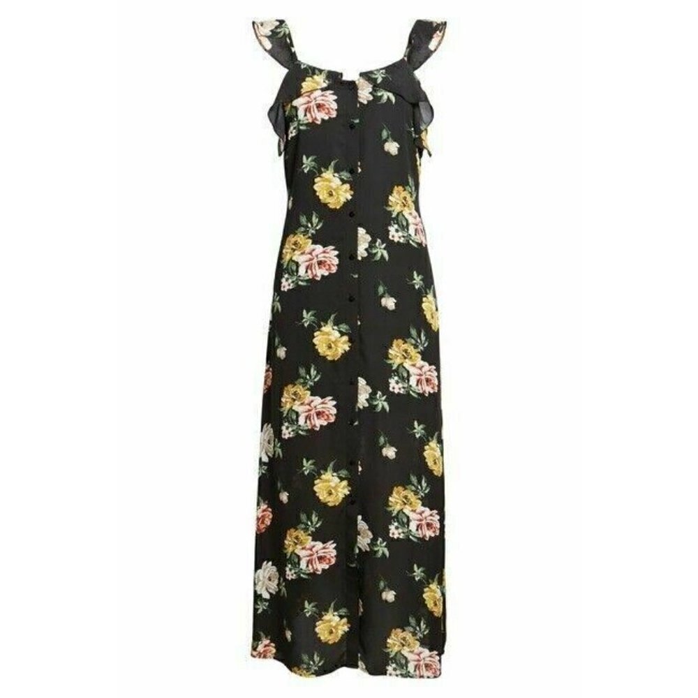 BP. Women Black Floral Ruffle Strappy Maxi Dress L - Picture 6 of 6